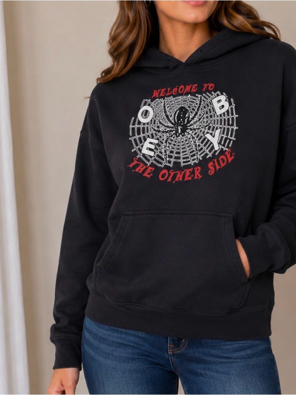 Obey Black Spider Web “The Other Side” Graphic Pullover Hoodie SZ SM - flaw